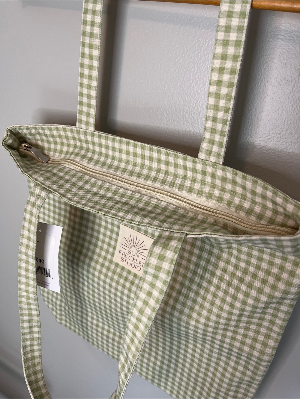 NWT Sun Freckled Studio Green Gingham Checkered Bag - Picture 5 of 13